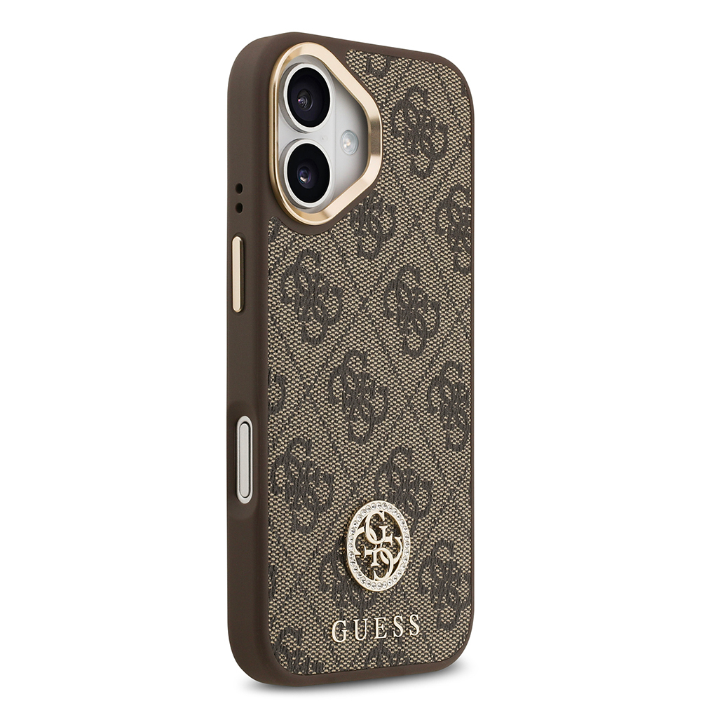 Apple iPhone 17 Case Guess Original Licensed M-safe Charging Feature Gold Metal Camera Frame Stone 4G Logo Cover - 12