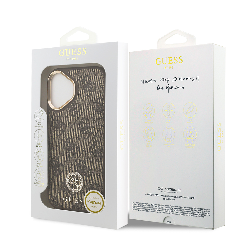 Apple iPhone 17 Case Guess Original Licensed M-safe Charging Feature Gold Metal Camera Frame Stone 4G Logo Cover - 17