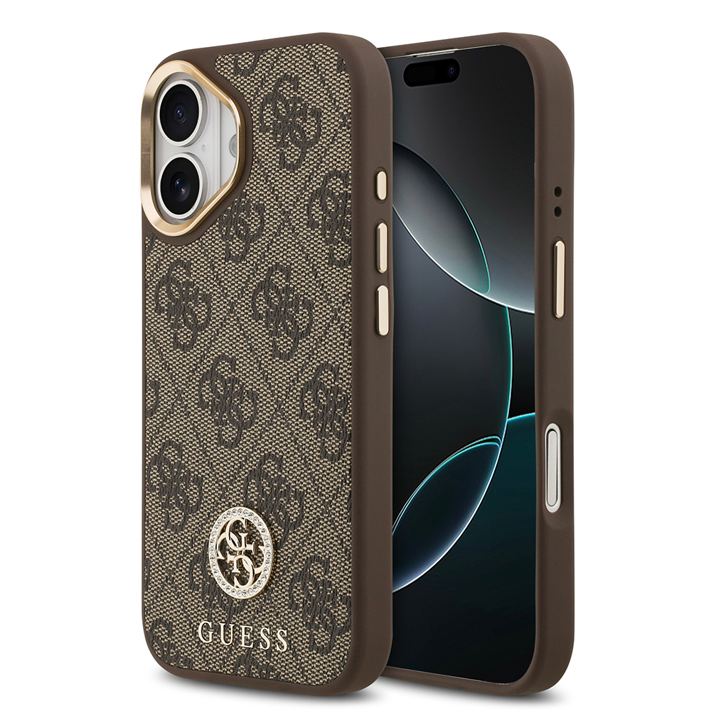 Apple iPhone 17 Case Guess Original Licensed M-safe Charging Feature Gold Metal Camera Frame Stone 4G Logo Cover - 3