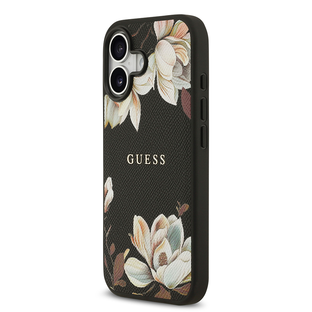 Apple iPhone 17 Case Guess Original Licensed M-safe Charging Feature Grained Flower Design Metal Lettering Logo Cover - 4