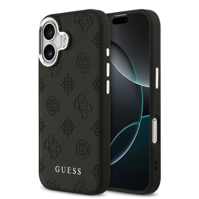 Apple iPhone 17 Case Guess Original Licensed M-Safe Charging Feature Hot Printed Classic Text Logo PU Leather Peony Cover Black