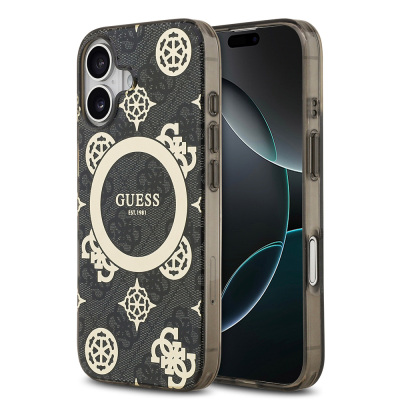 Apple iPhone 17 Case Guess Original Licensed M-Safe Charging Feature IML Peony and 4G Patterned Classic Logo Cover Black