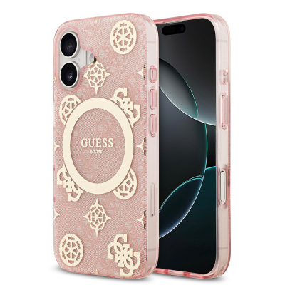 Apple iPhone 17 Case Guess Original Licensed M-Safe Charging Feature IML Peony and 4G Patterned Classic Logo Cover Pink