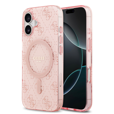 Apple iPhone 17 Case Guess Original Licensed M-Safe Charging Feature IML Printed Classic Logo 4G Patterned Cover Pink