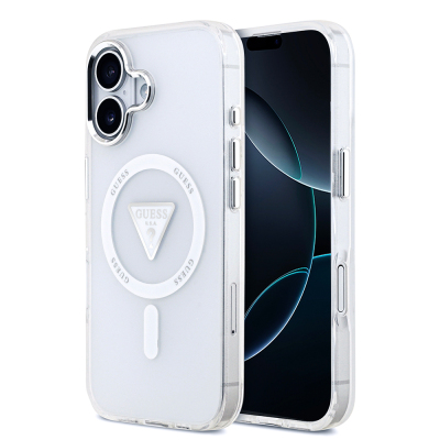 Apple iPhone 17 Case Guess Original Licensed M-Safe Charging Feature IML Printed Triangle Logo Metal Camera Frame Cover Şeffaf