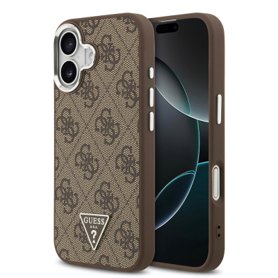 Apple iPhone 17 Case Guess Original Licensed M-safe Charging Feature Silver Metal Camera Frame Triangle Logo 4G Patterned Cover Brown