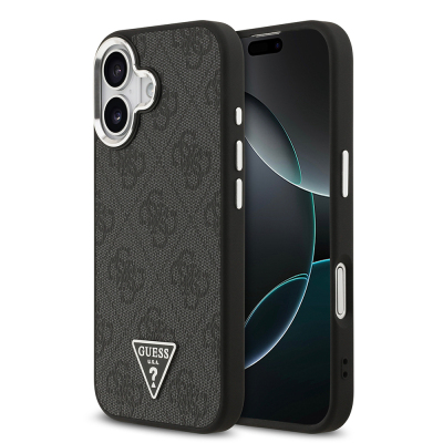 Apple iPhone 17 Case Guess Original Licensed M-safe Charging Feature Silver Metal Camera Frame Triangle Logo 4G Patterned Cover Black