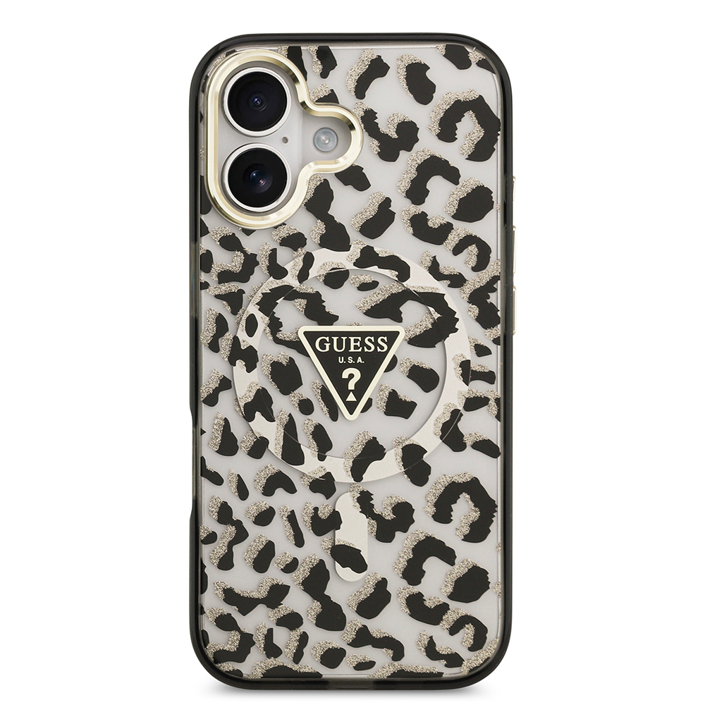 Apple iPhone 17 Case Guess Original Licensed M-Safe Charging Feature Triangle Logo Glitter Leopard Pattern Cover - 5