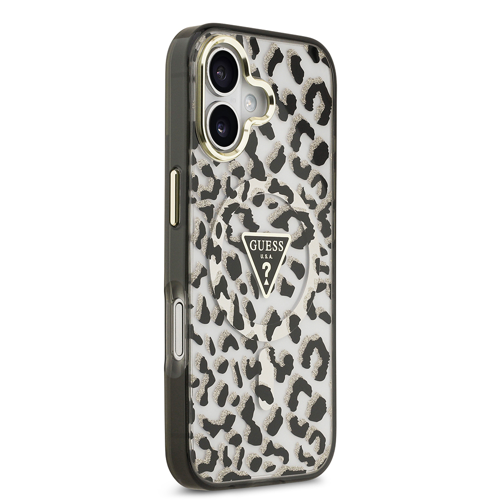 Apple iPhone 17 Case Guess Original Licensed M-Safe Charging Feature Triangle Logo Glitter Leopard Pattern Cover - 6