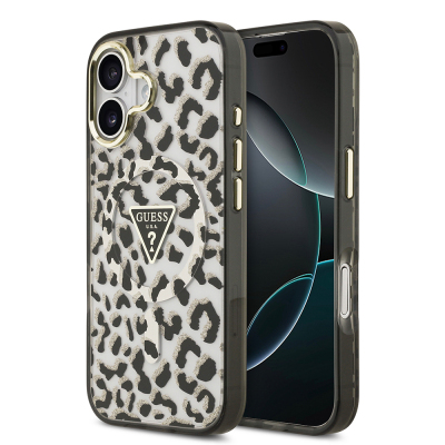 Apple iPhone 17 Case Guess Original Licensed M-Safe Charging Feature Triangle Logo Glitter Leopard Pattern Cover Black