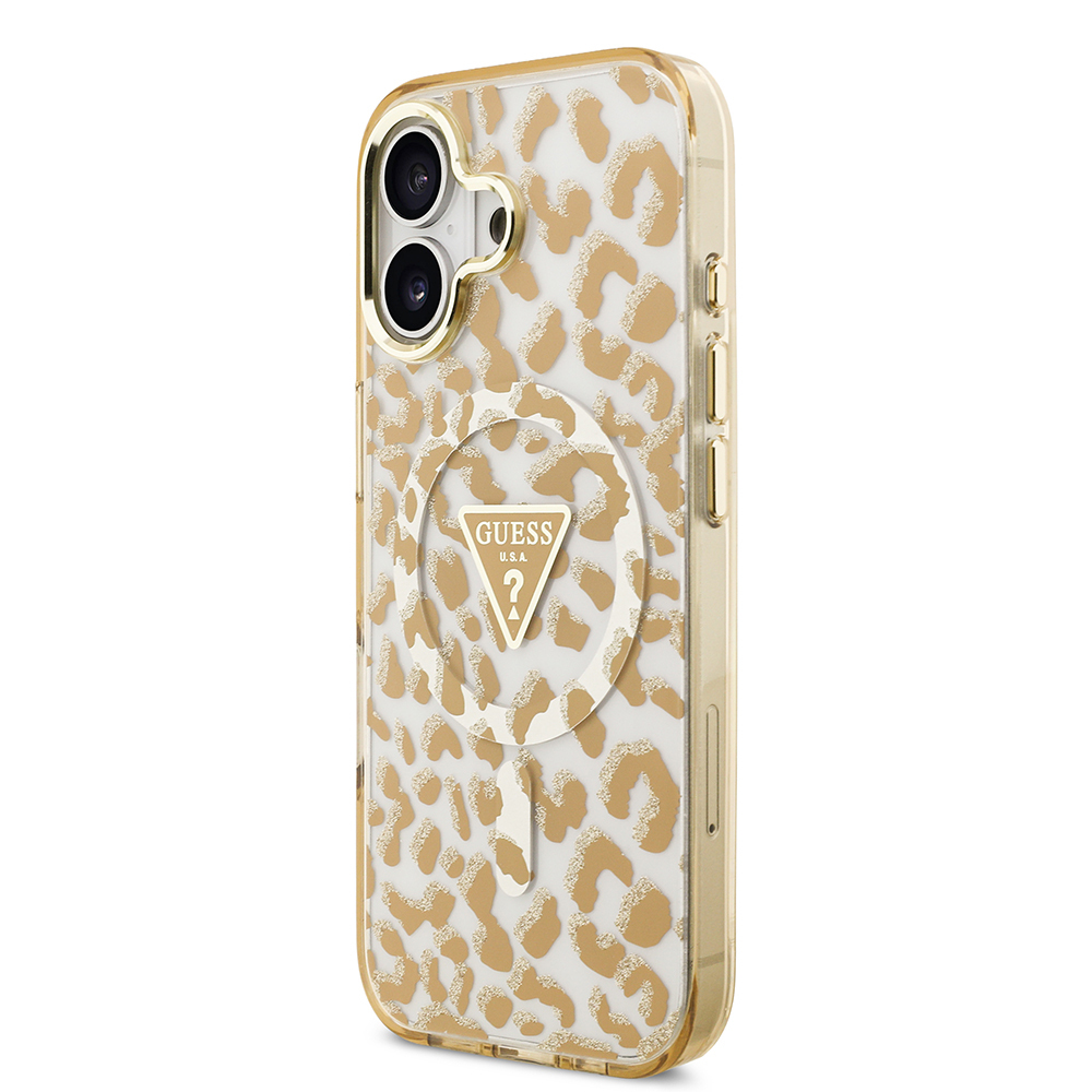 Apple iPhone 17 Case Guess Original Licensed M-Safe Charging Feature Triangle Logo Glitter Leopard Pattern Cover - 11