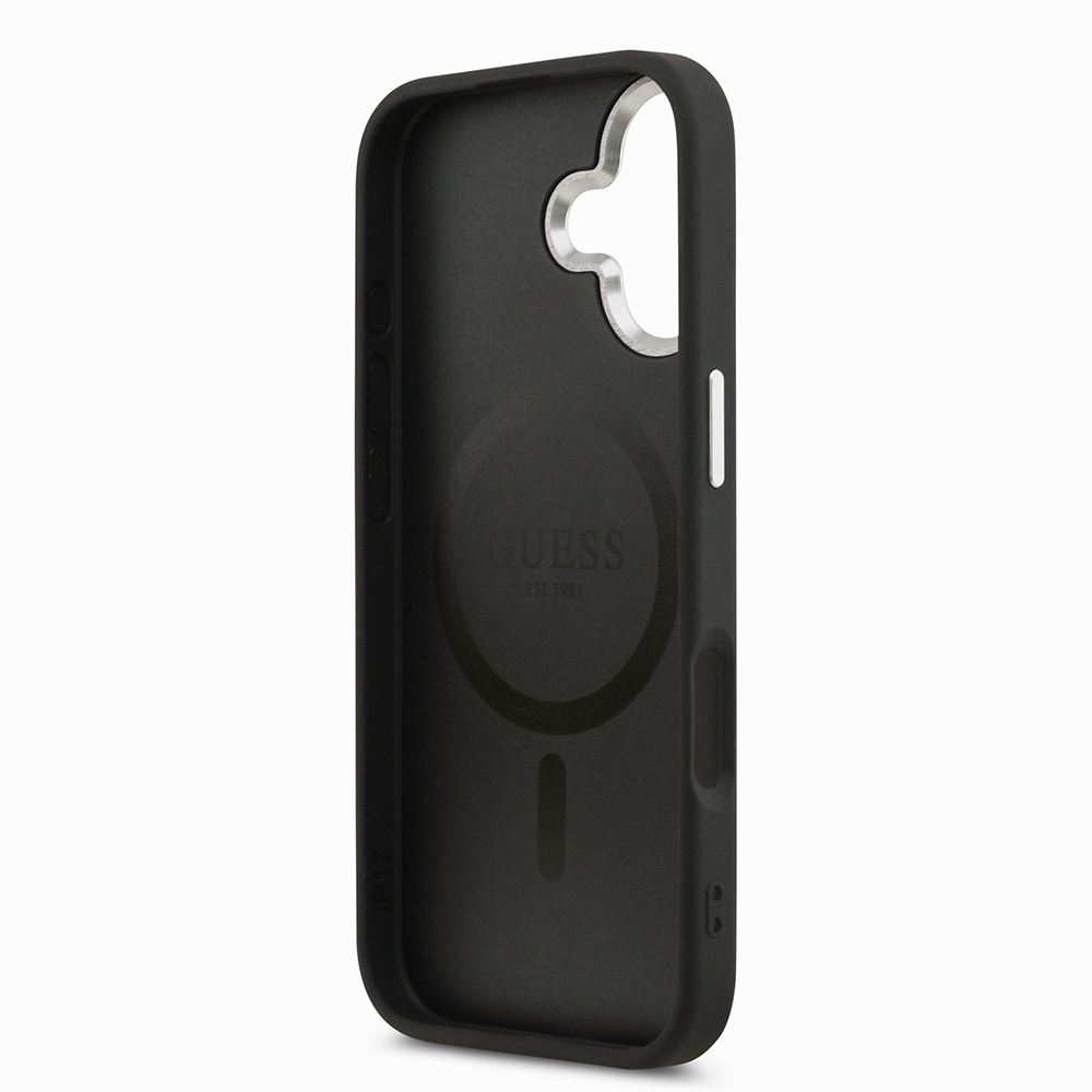 Apple iPhone 17 Case Guess Original Licensed M-safe Charging Function PU Leather Metal Camera Frame Triangle Logo Cover - 7