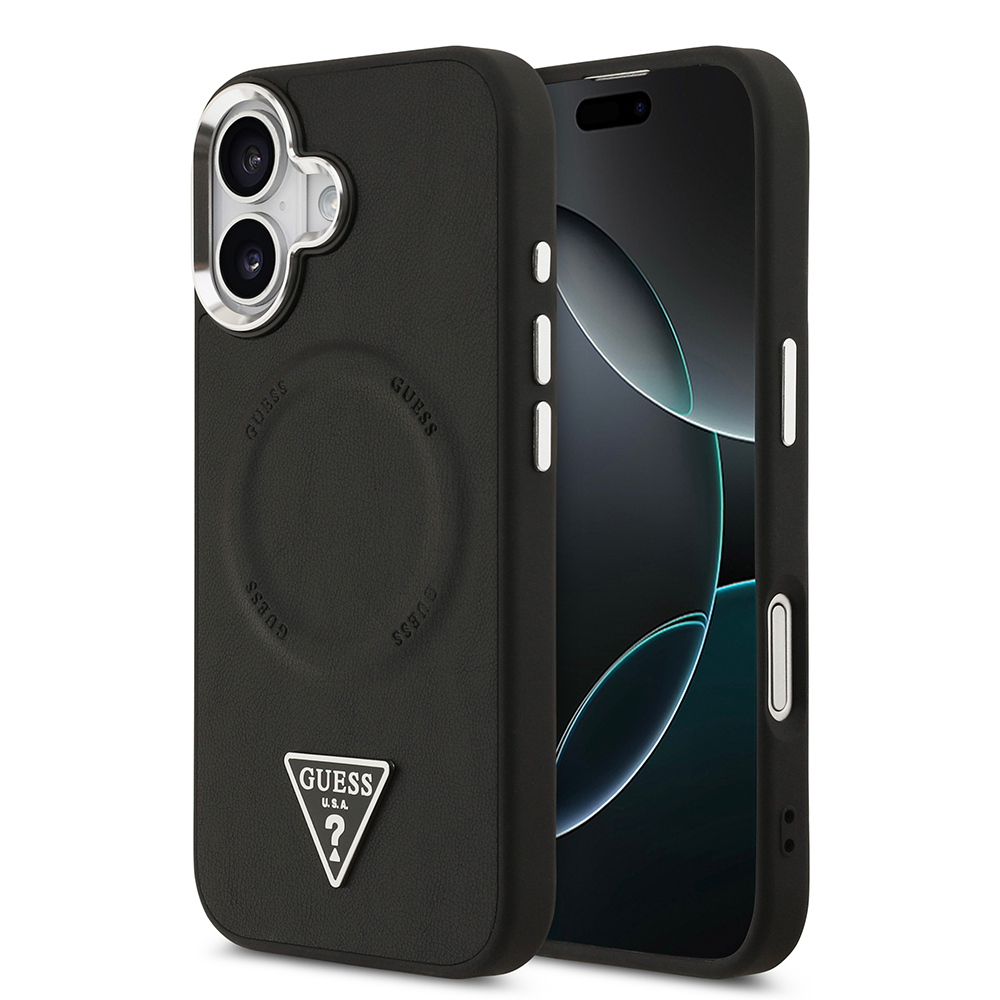 Apple iPhone 17 Case Guess Original Licensed M-safe Charging Function PU Leather Metal Camera Frame Triangle Logo Cover - 2