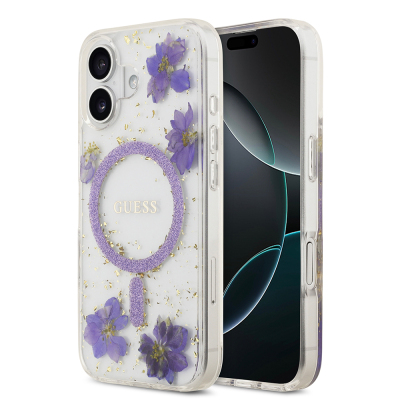 Apple iPhone 17 Case Guess Original Licensed M-safe Charging Special Transparent Resin Flowers Cover Purple