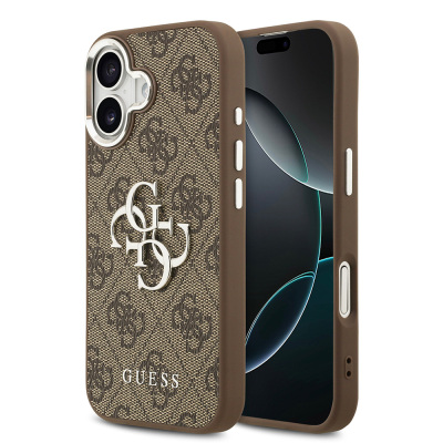 Apple iPhone 17 Case Guess Original Licensed Silver Metal Camera Frame 4G Patterned Metal Big 4G and Text Logo Cover Brown