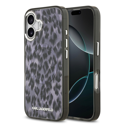 Apple iPhone 17 Case Karl Lagerfeld Original Licensed M-Safe Charging Feature IML Leopard Print Cover Black