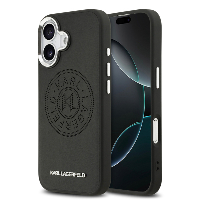 Apple iPhone 17 Case Karl Lagerfeld Original Licensed M-safe Charging Feature Perforated Design Metal Logo PU Leather Cover Black