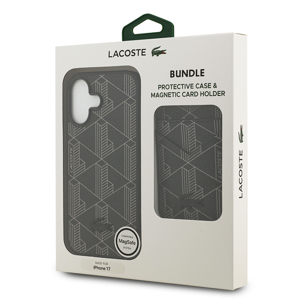 Apple iPhone 17 Case Lacoste Original Licensed M-Safe Charging Feature PU Leather Design Card Holder Mixed Monogram Pattern Cover - 12