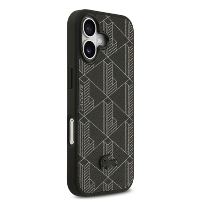 Apple iPhone 17 Case Lacoste Original Licensed M-Safe Charging Feature PU Leather Design Card Holder Mixed Monogram Pattern Cover Black