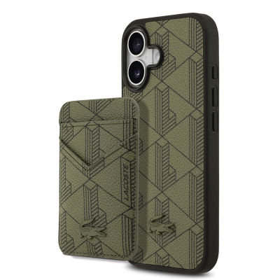 Apple iPhone 17 Case Lacoste Original Licensed M-Safe Charging Feature PU Leather Design Card Holder Mixed Monogram Pattern Cover Green