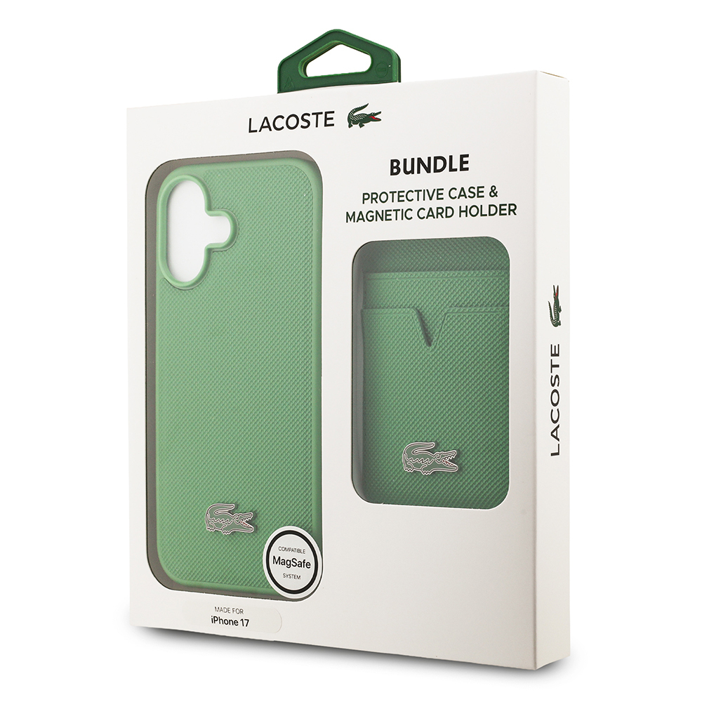 Apple iPhone 17 Case Lacoste Original Licensed M-Safe Charging Feature PU Pique Pattern Metal Logo Card Holder Cover - 46