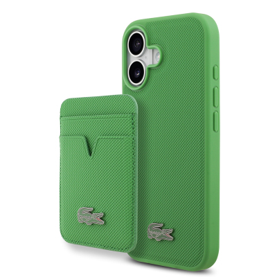 Apple iPhone 17 Case Lacoste Original Licensed M-Safe Charging Feature PU Pique Pattern Metal Logo Card Holder Cover Green
