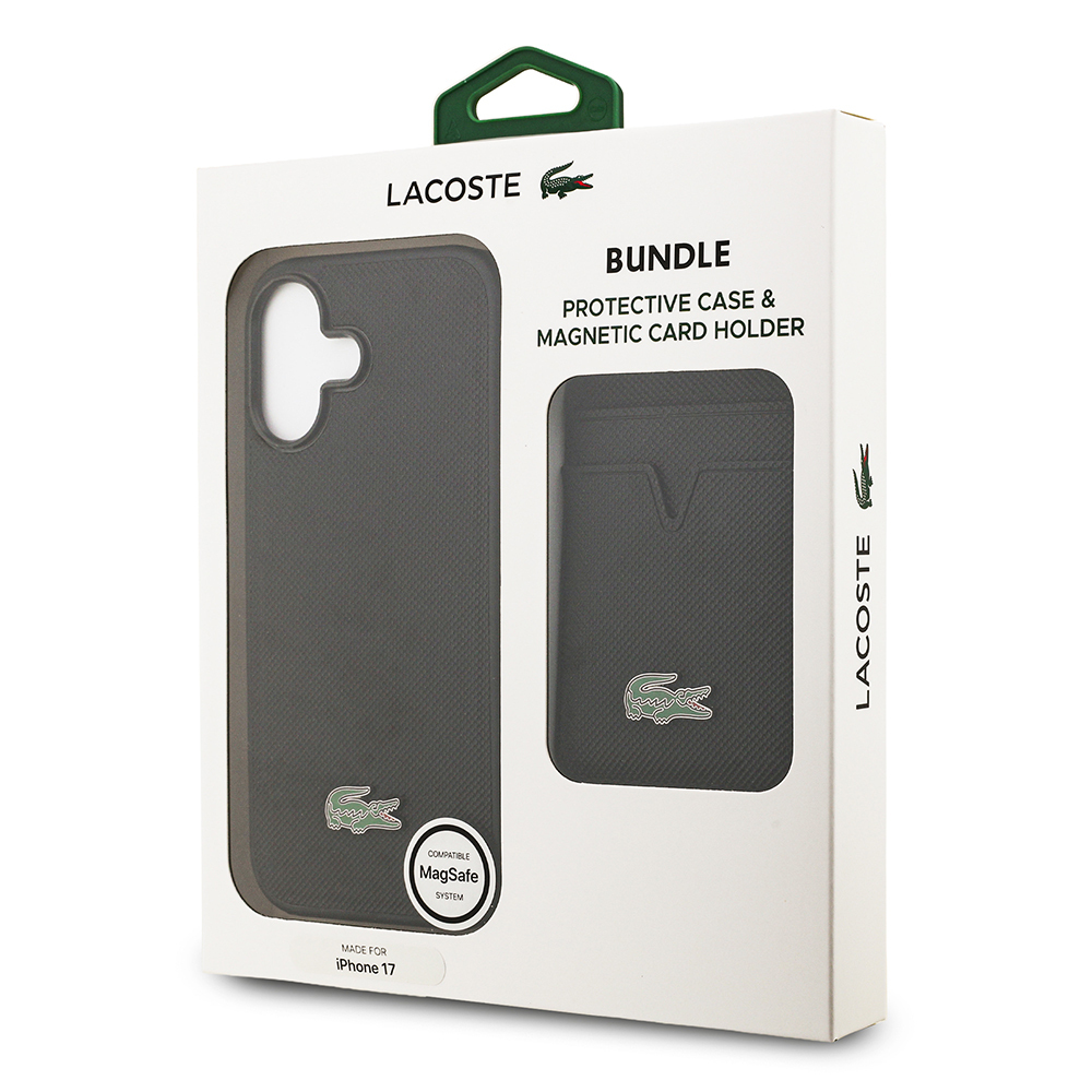 Apple iPhone 17 Case Lacoste Original Licensed M-Safe Charging Feature PU Pique Pattern Metal Logo Card Holder Cover - 45