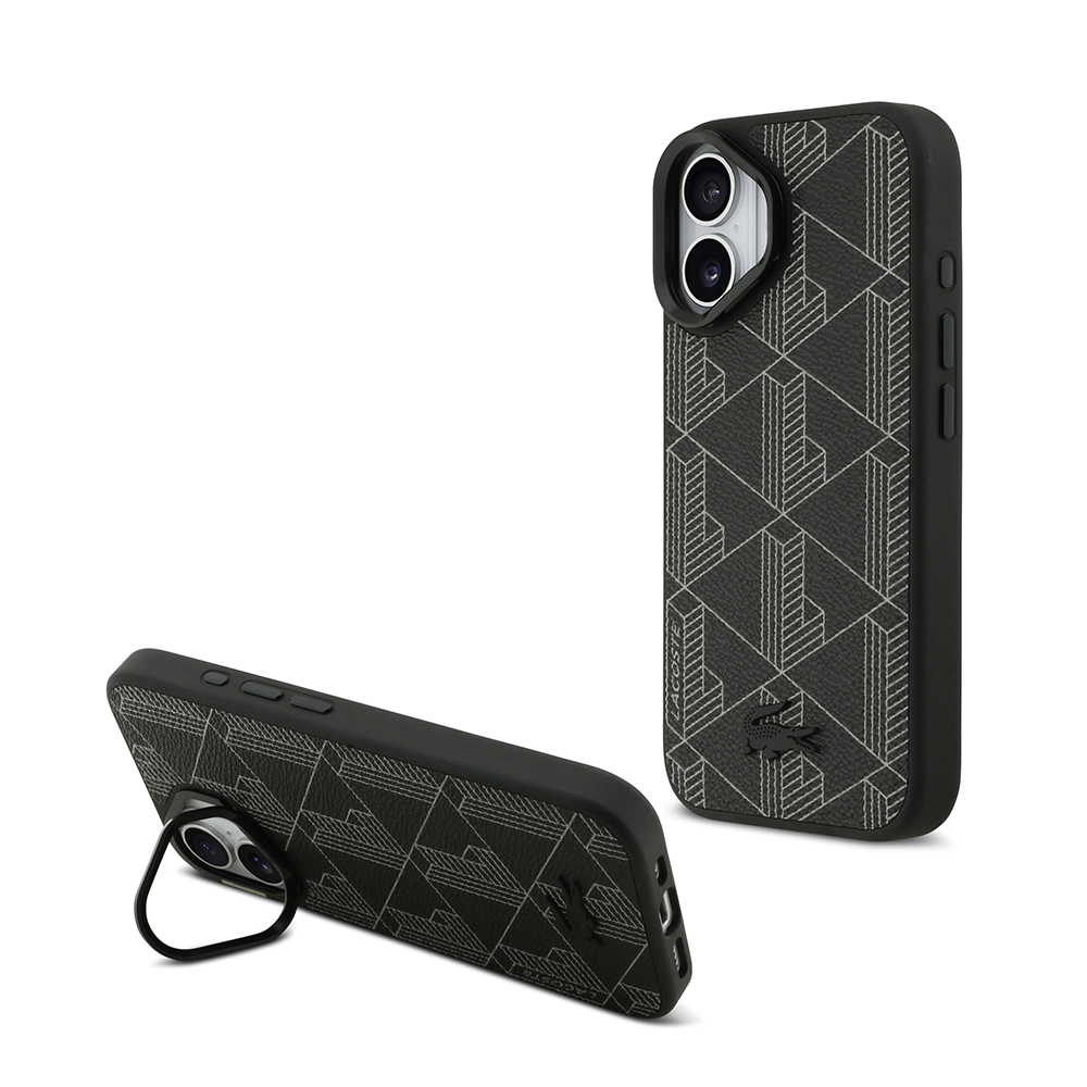 Apple iPhone 17 Case Lacoste Original Licensed M-safe Charging Feature Stand PU Leather Mixed Monogram Pattern Cover - 2