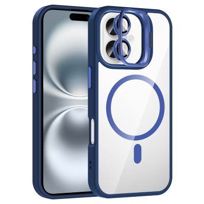 Apple iPhone 17 Case with Stand and Camera Lens Gift Zore Etro Cover with M-Safe Charging Function Navy blue