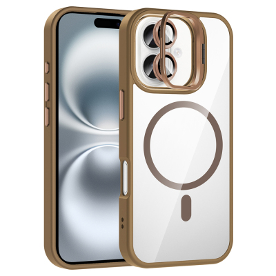 Apple iPhone 17 Case with Stand and Camera Lens Gift Zore Etro Cover with M-Safe Charging Function Desert Titanyum