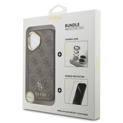 Apple iPhone 17 Guess Original Licensed 4G and Text Logo Case + Screen Protector + Lens Protector 3-in-1 Accessory Set Brown