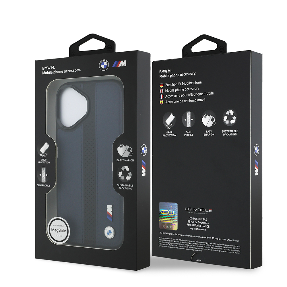 Apple iPhone 17 Kılıf BMW Orjinal Lisanslı M-safe Şarj Özellikli Deri Arka Yüzey Metal Logolu Delikli Şerit Tasarımlı Kapak - 25