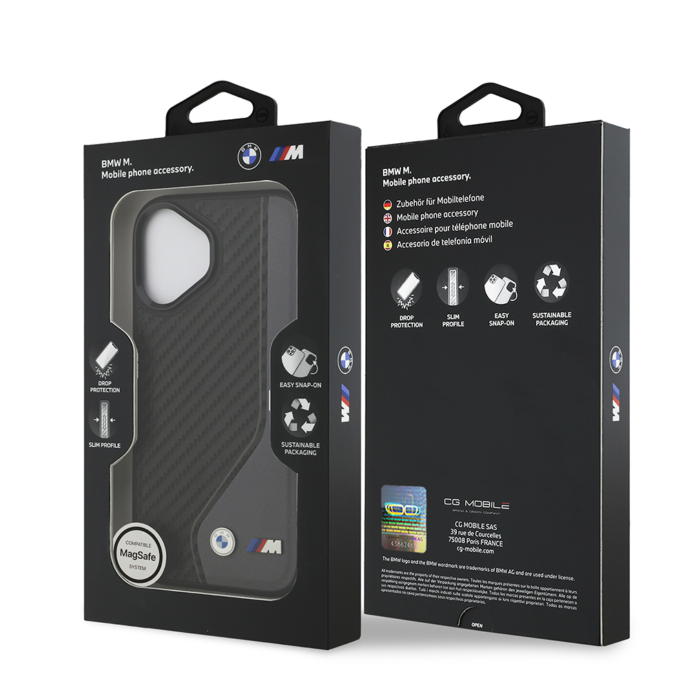 Apple iPhone 17 Kılıf BMW Orjinal Lisanslı M-safe Şarj Özellikli Metal BMW ve M Logolu PU Karbon Tasarımlı Kapak - 17