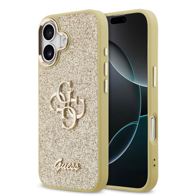 Apple iPhone 17 Kılıf Guess Orjinal Lisanslı 4G Büyük Metal Kamera Çerçeveli ve Logolu Glitter Kapak Gold