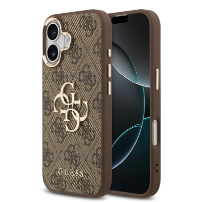 Apple iPhone 17 Kılıf Guess Orjinal Lisanslı Gold Metal Kamera Çerçeveli 4G Desenli Metal Büyük 4G ve Yazı Logolu Kapak Kahverengi
