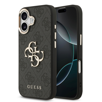 Apple iPhone 17 Kılıf Guess Orjinal Lisanslı Gold Metal Kamera Çerçeveli 4G Desenli Metal Büyük 4G ve Yazı Logolu Kapak Siyah