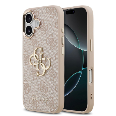 Apple iPhone 17 Kılıf Guess Orjinal Lisanslı Gold Metal Kamera Çerçeveli 4G Desenli Metal Büyük 4G ve Yazı Logolu Kapak Pembe