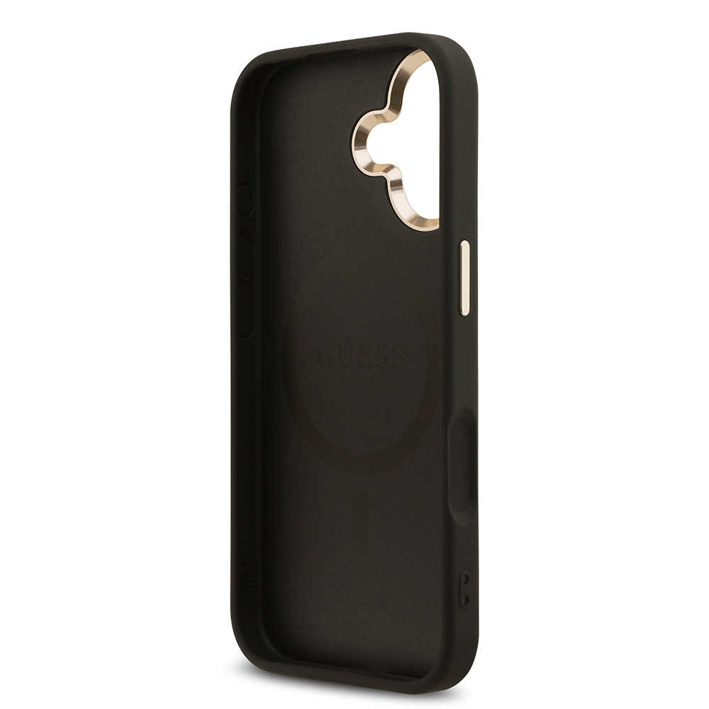Apple iPhone 17 Kılıf Guess Orjinal Lisanslı Gold Metal Kamera Çerçeveli Taşlı Üçgen Logo 4G Desenli Kapak - 9