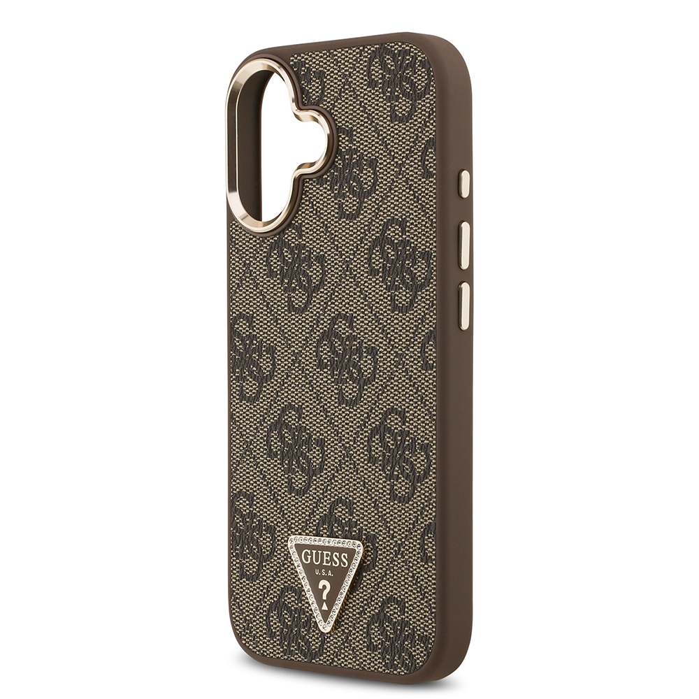 Apple iPhone 17 Kılıf Guess Orjinal Lisanslı Gold Metal Kamera Çerçeveli Taşlı Üçgen Logo 4G Desenli Kapak - 15