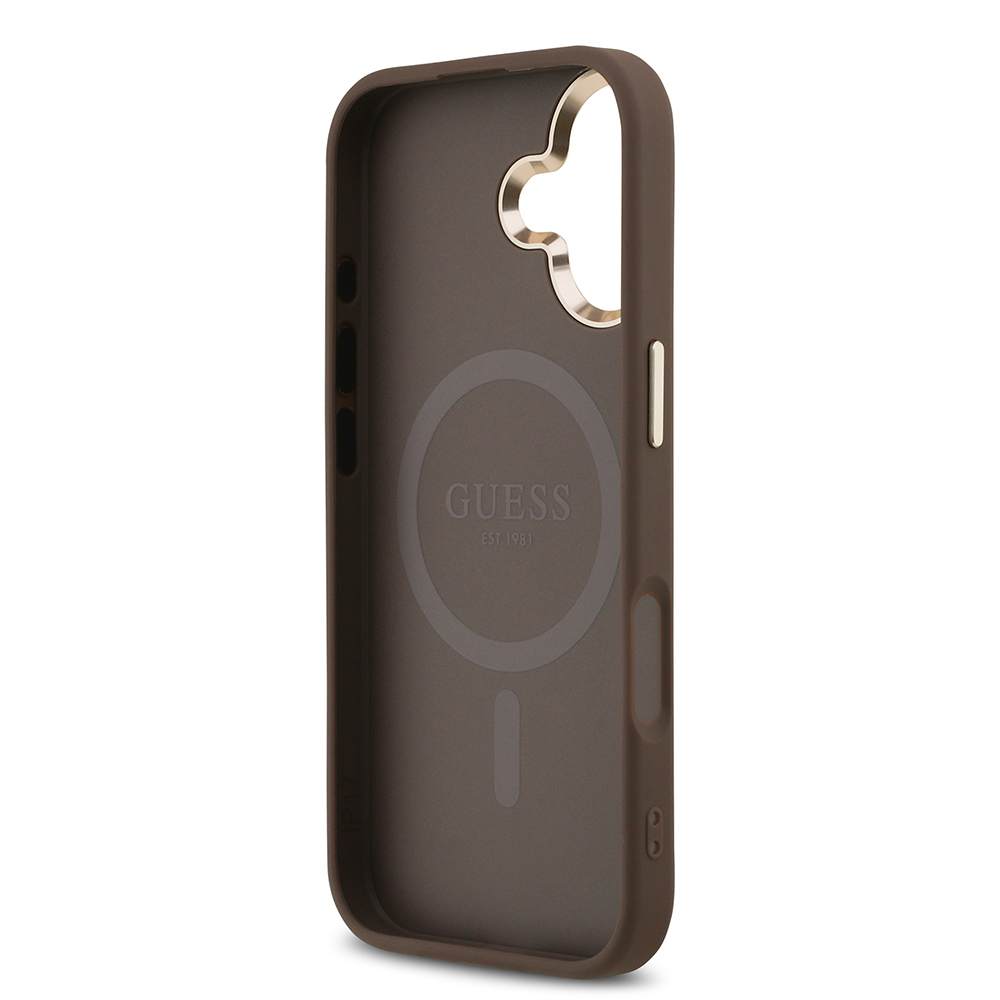 Apple iPhone 17 Kılıf Guess Orjinal Lisanslı Gold Metal Kamera Çerçeveli Taşlı Üçgen Logo 4G Desenli Kapak - 16