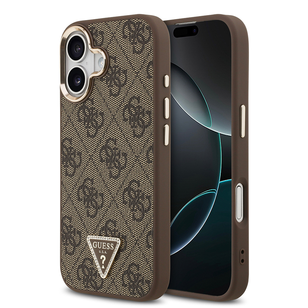 Apple iPhone 17 Kılıf Guess Orjinal Lisanslı Gold Metal Kamera Çerçeveli Taşlı Üçgen Logo 4G Desenli Kapak - 3