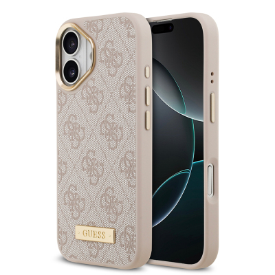 Apple iPhone 17 Kılıf Guess Orjinal Lisanslı M-safe Şarj Özellikli 4G Desenli PU Metal Plaka Klasik Logolu Kapak Pembe