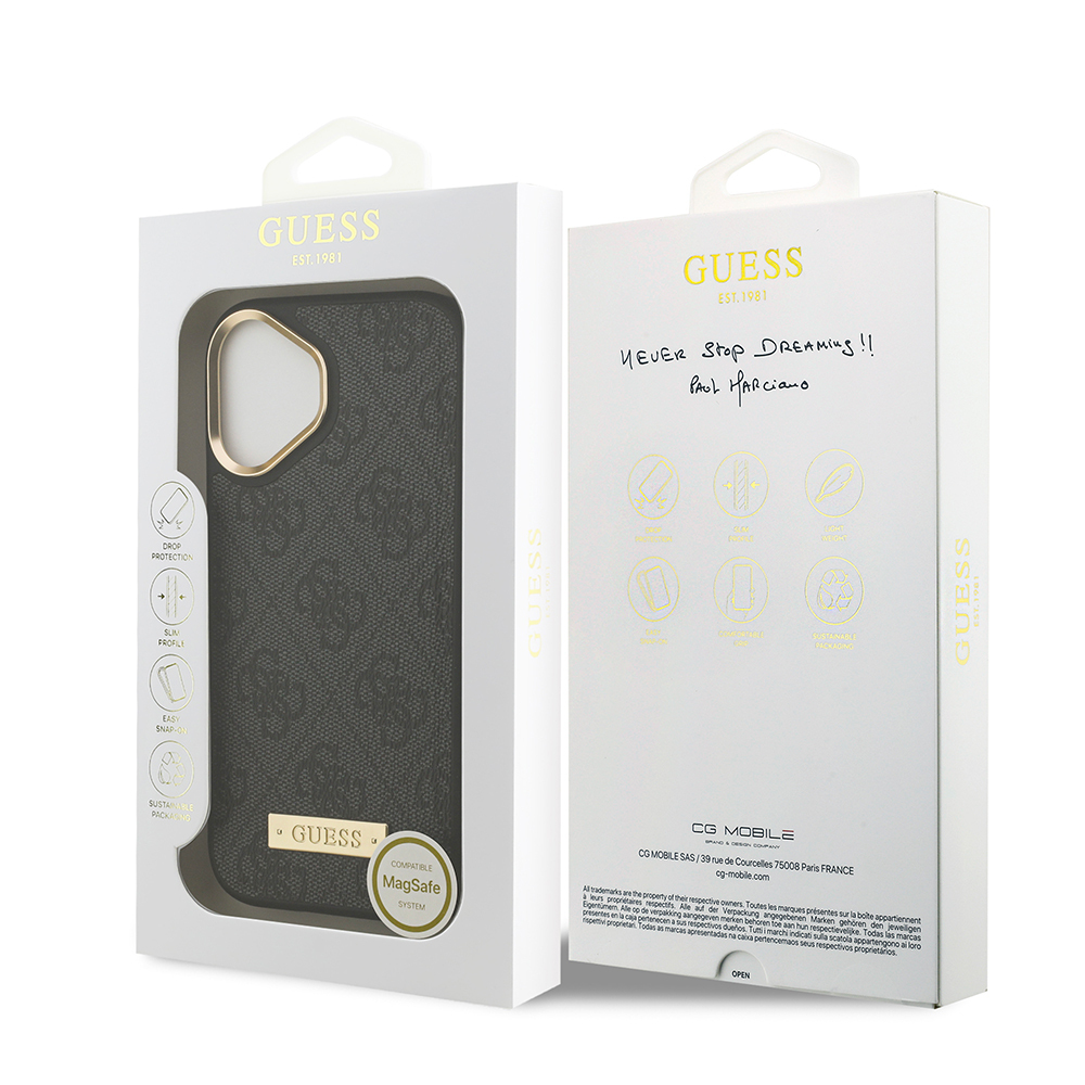 Apple iPhone 17 Kılıf Guess Orjinal Lisanslı M-safe Şarj Özellikli 4G Desenli PU Metal Plaka Klasik Logolu Kapak - 24