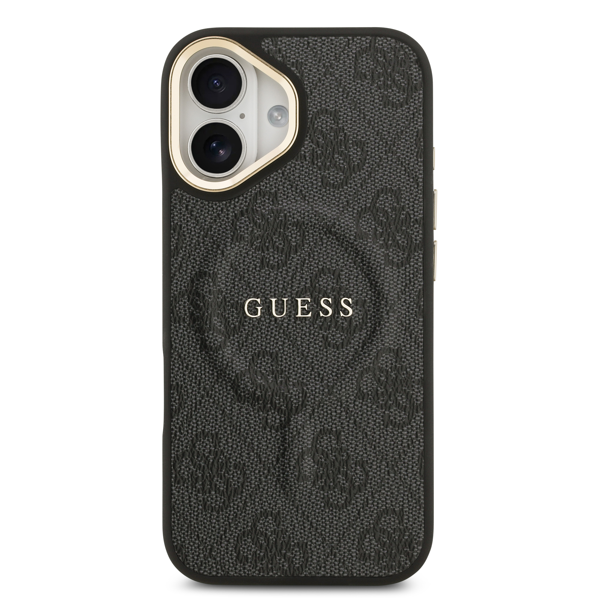 Apple iPhone 17 Kılıf Guess Orjinal Lisanslı M-safe Şarj Özellikli Gold Metal Kamera Çerçeveli PU Deri 4G Desenli Yazı Logolu Kapak - 4