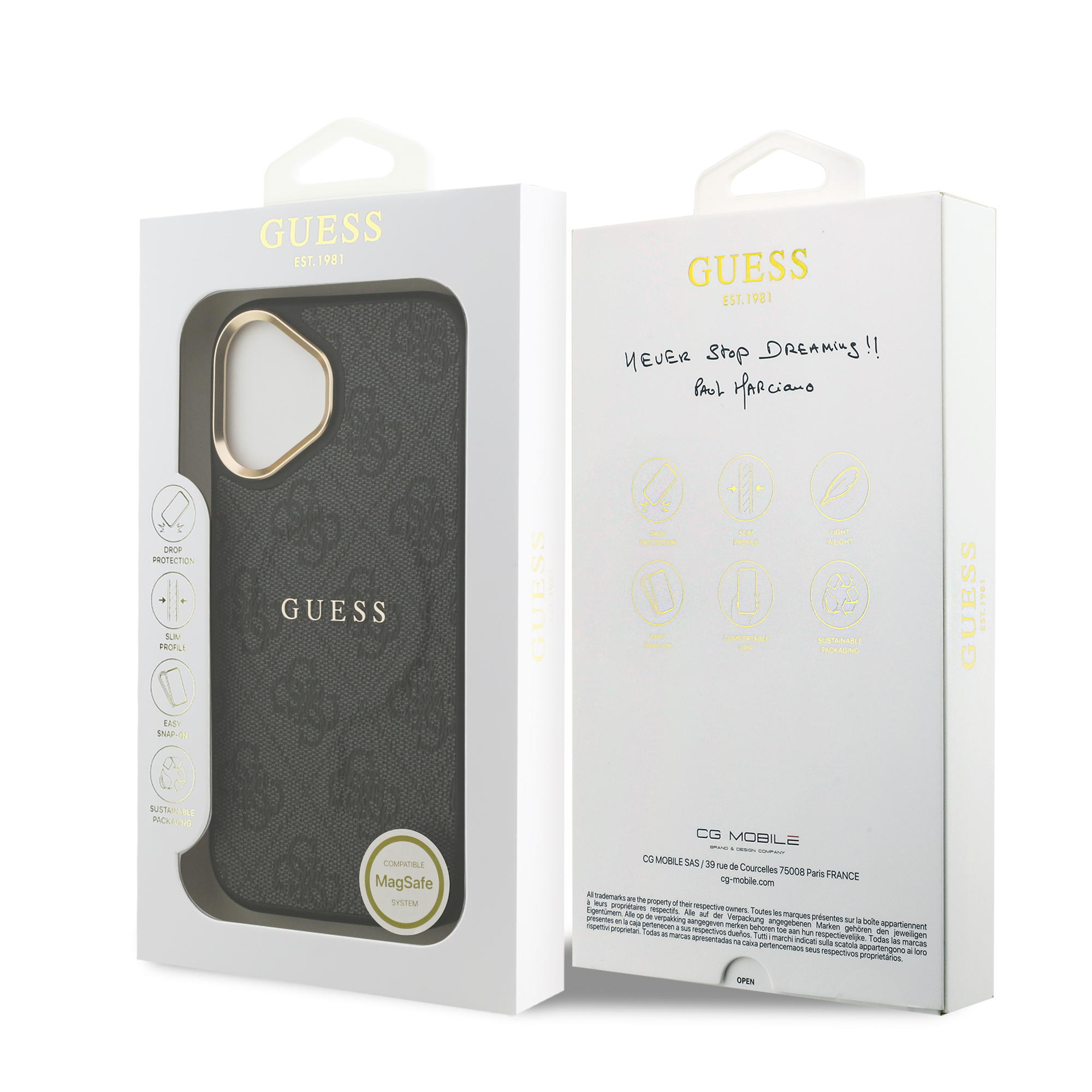 Apple iPhone 17 Kılıf Guess Orjinal Lisanslı M-safe Şarj Özellikli Gold Metal Kamera Çerçeveli PU Deri 4G Desenli Yazı Logolu Kapak - 17