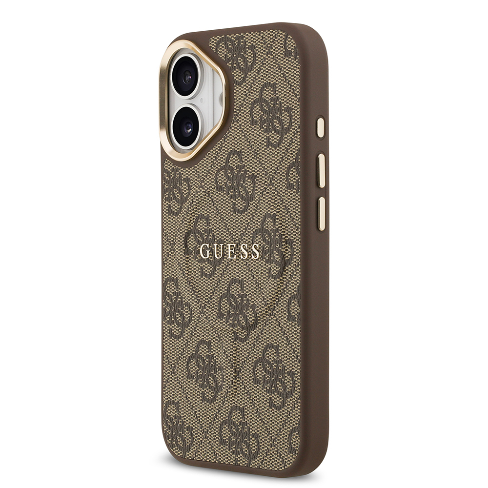 Apple iPhone 17 Kılıf Guess Orjinal Lisanslı M-safe Şarj Özellikli Gold Metal Kamera Çerçeveli PU Deri 4G Desenli Yazı Logolu Kapak - 10