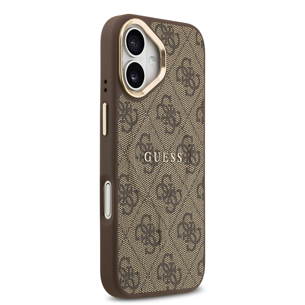 Apple iPhone 17 Kılıf Guess Orjinal Lisanslı M-safe Şarj Özellikli Gold Metal Kamera Çerçeveli PU Deri 4G Desenli Yazı Logolu Kapak - 12