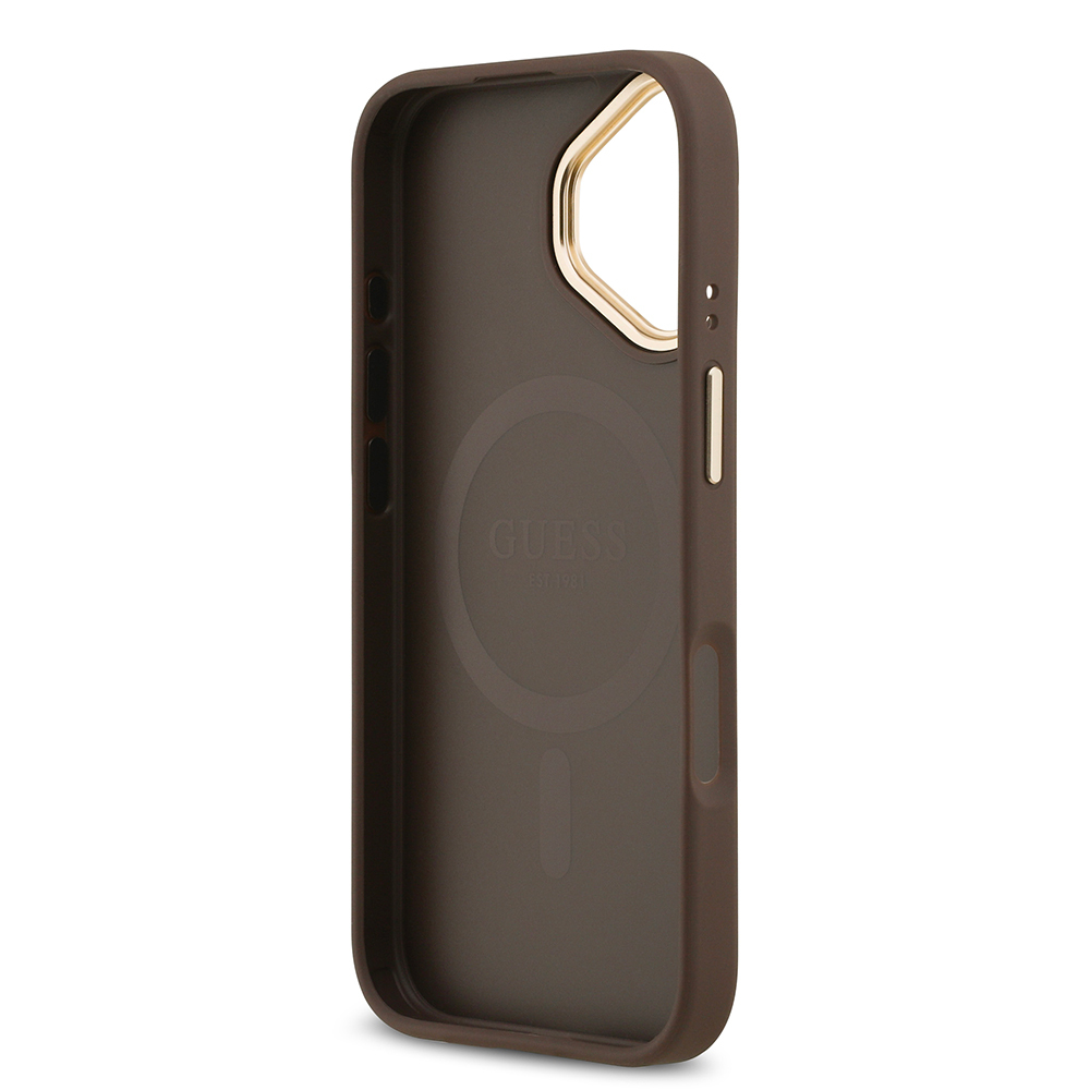 Apple iPhone 17 Kılıf Guess Orjinal Lisanslı M-safe Şarj Özellikli Gold Metal Kamera Çerçeveli PU Deri 4G Desenli Yazı Logolu Kapak - 15