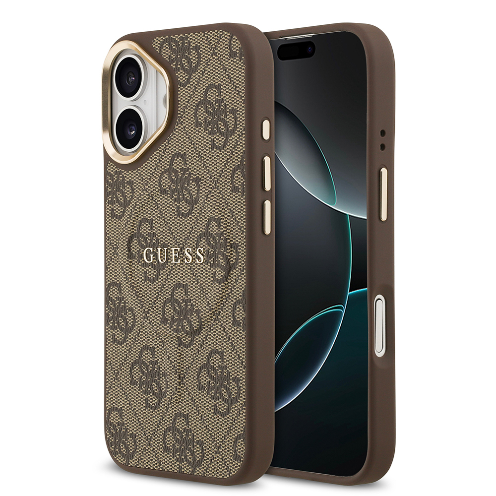 Apple iPhone 17 Kılıf Guess Orjinal Lisanslı M-safe Şarj Özellikli Gold Metal Kamera Çerçeveli PU Deri 4G Desenli Yazı Logolu Kapak - 3