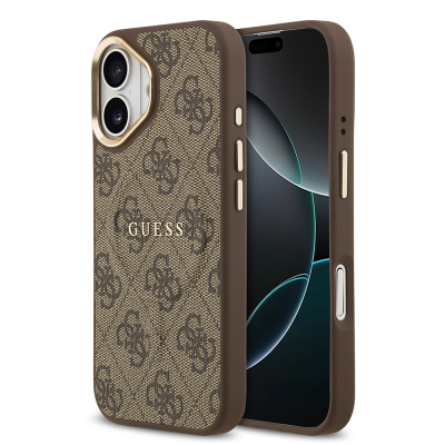 Apple iPhone 17 Kılıf Guess Orjinal Lisanslı M-safe Şarj Özellikli Gold Metal Kamera Çerçeveli PU Deri 4G Desenli Yazı Logolu Kapak Kahverengi